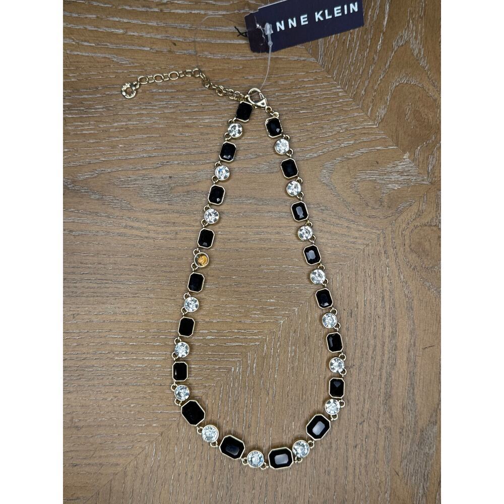 Anne Klein Gold Tone Crystal & Black Stone Station Necklace NWT - Picture 2 of 3
